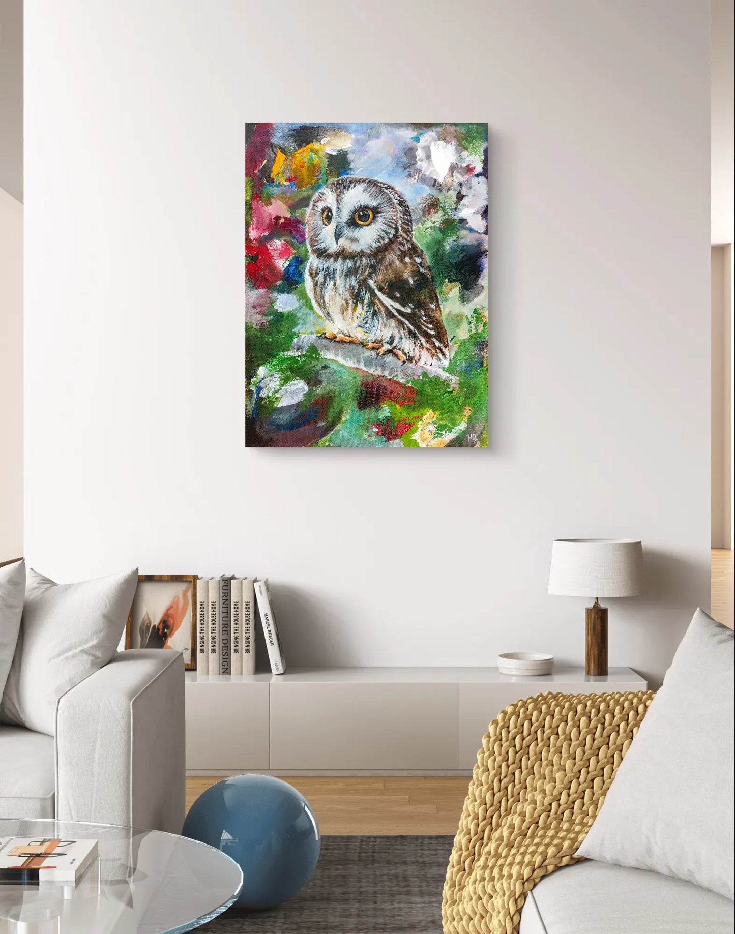 Painting little owl – hand-painted original acrylic painting (30 x 40 cm)