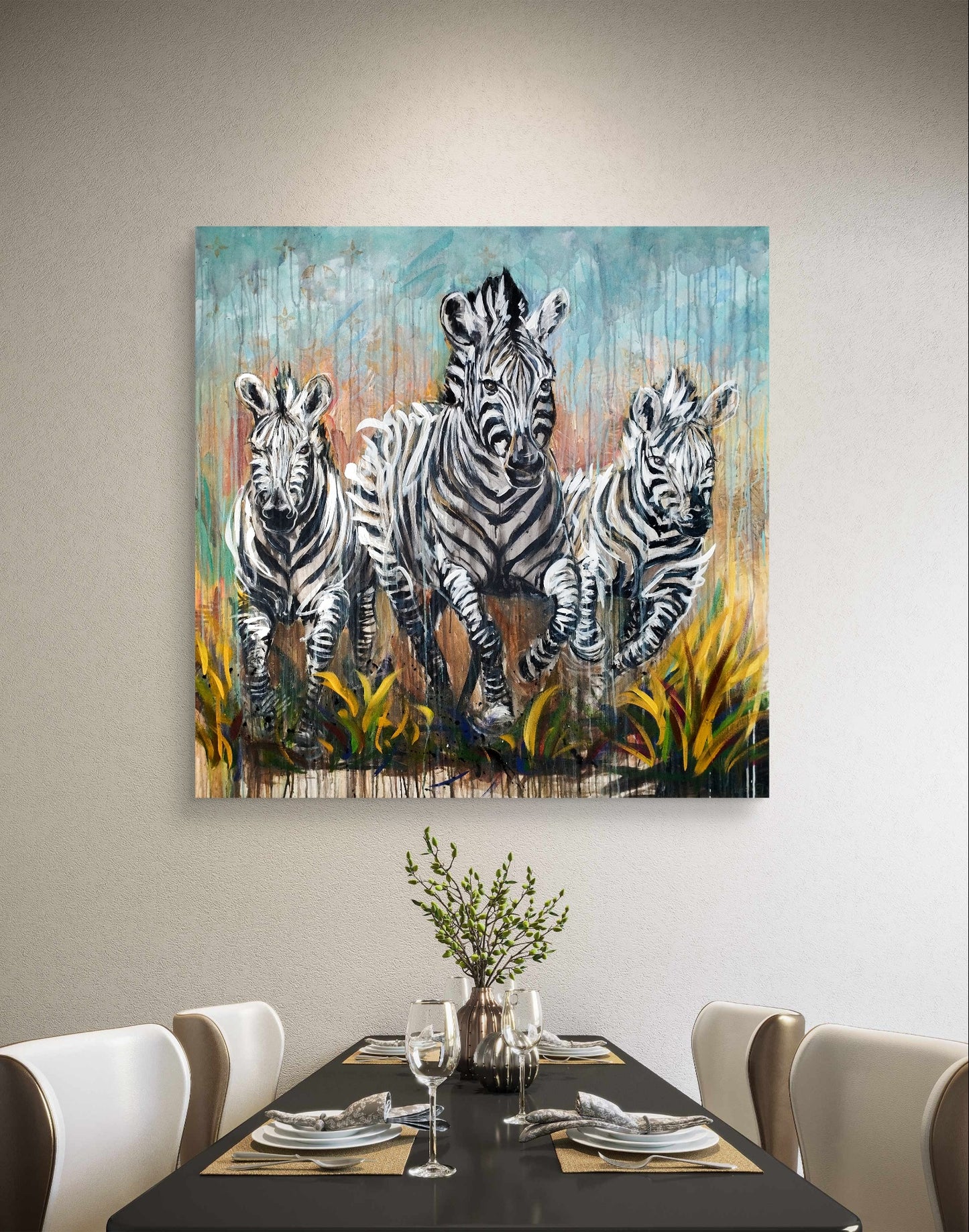 Heinz Acrylbild Acrylgemälde auf Leinwand - „Drei Zebras – drei Seelen in Bewegung“ 120 x 120 cm