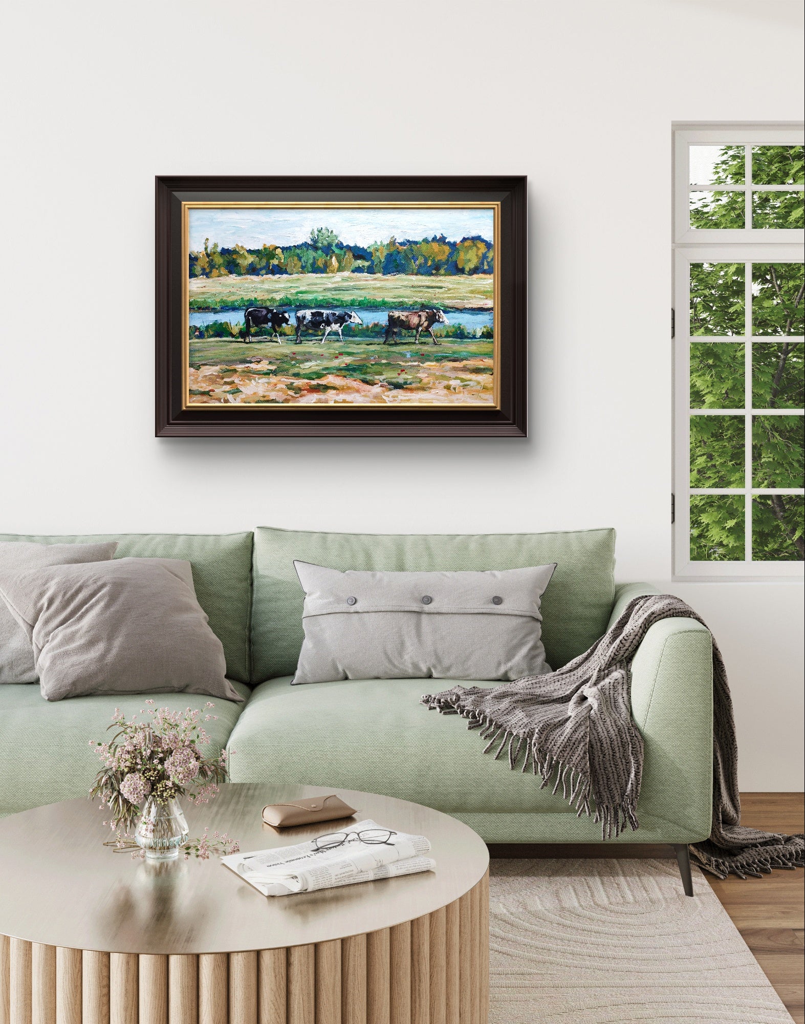 Heinz Acrylbild Acrylgemälde auf Leinwand - „Am Fluss der Kühe – Ein Sommertag“ 95 x 60 cm