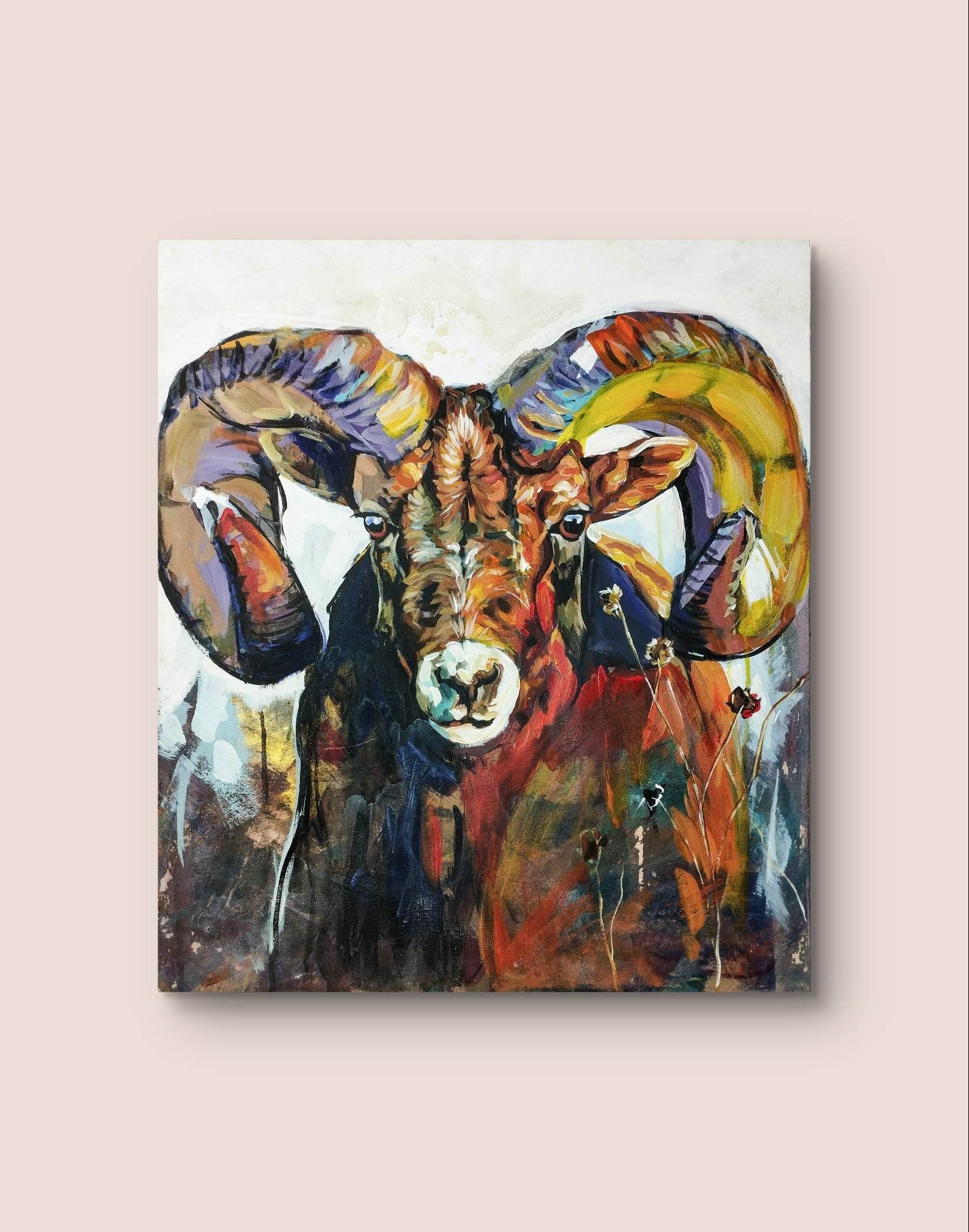 Gemälde bunter Steinbock – handgemaltes Original Acrylbild (60 x 70 cm)