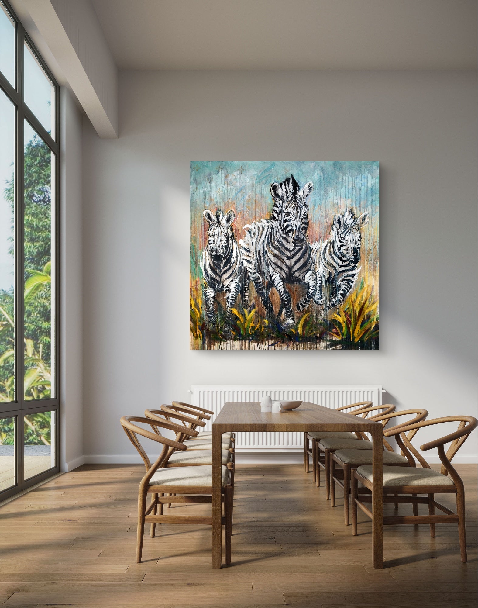 Heinz Acrylbild Acrylgemälde auf Leinwand - „Drei Zebras – drei Seelen in Bewegung“ 120 x 120 cm