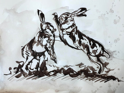 Aquarellbild „Hasen im Streit“ – Handgemaltes Tiermotiv (30 × 40 cm)