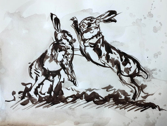 Aquarellbild „Hasen im Streit“ – Handgemaltes Tiermotiv (30 × 40 cm)