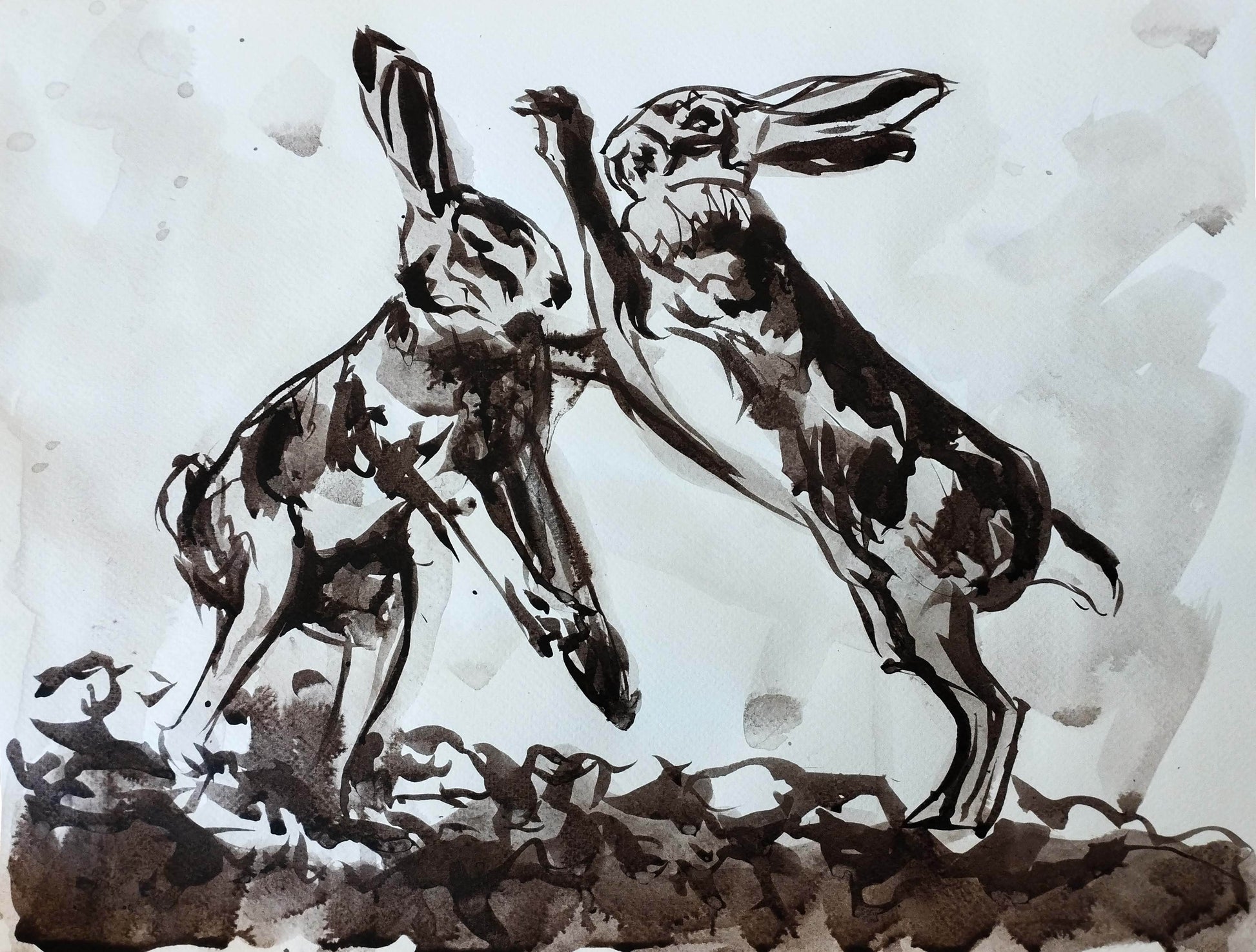 Aquarellbild „Hasen im Streit“ – Handgemaltes Tiermotiv (30 × 40 cm)