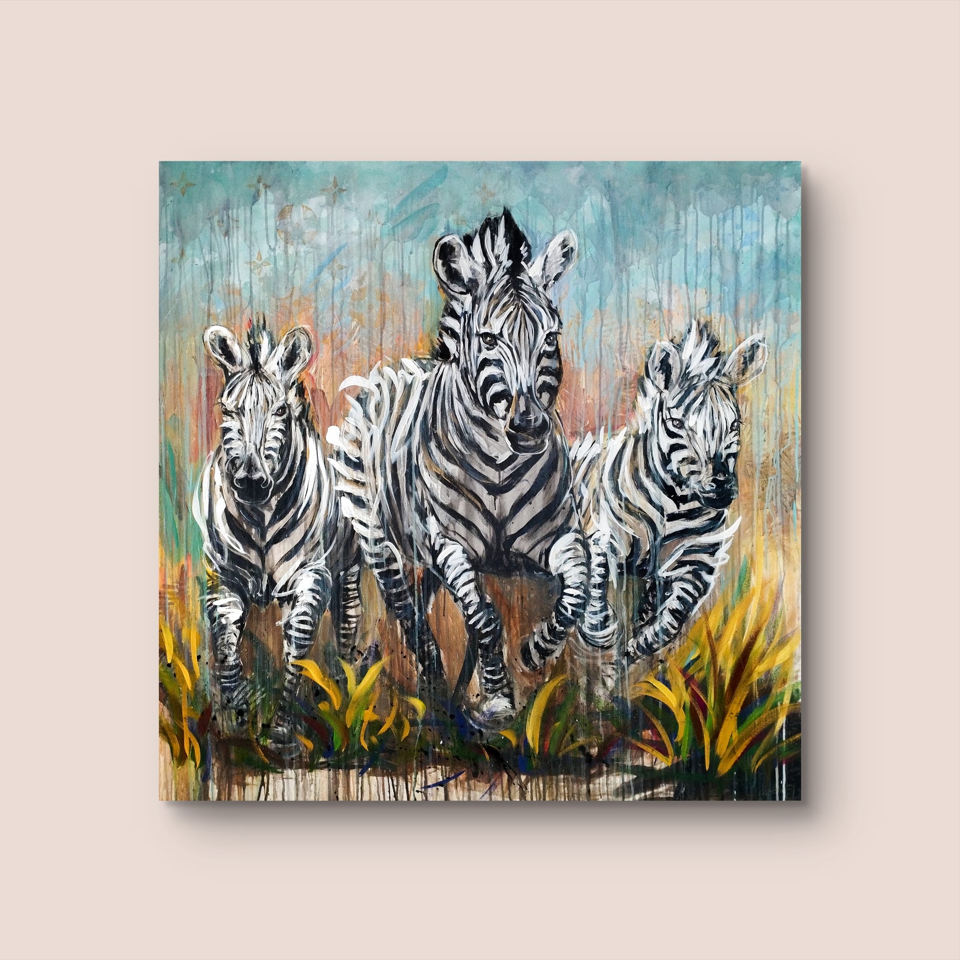 Heinz Acrylbild Acrylgemälde auf Leinwand - „Drei Zebras – drei Seelen in Bewegung“ 120 x 120 cm