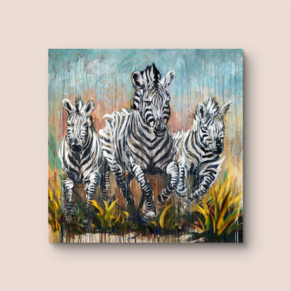 Heinz Acrylbild Acrylgemälde auf Leinwand - „Drei Zebras – drei Seelen in Bewegung“ 120 x 120 cm