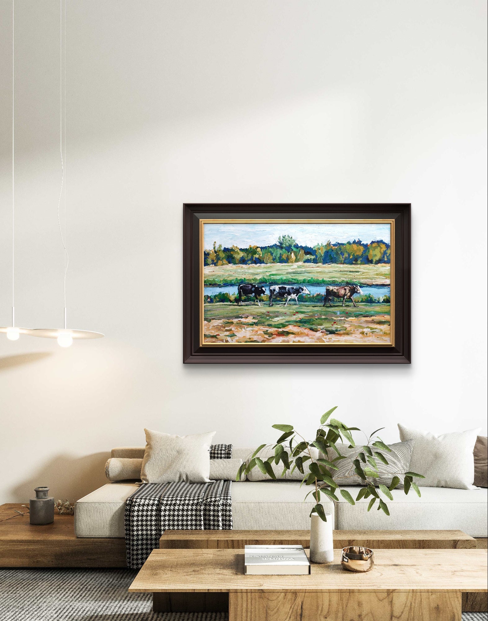 Heinz Acrylbild Acrylgemälde auf Leinwand - „Am Fluss der Kühe – Ein Sommertag“ 95 x 60 cm