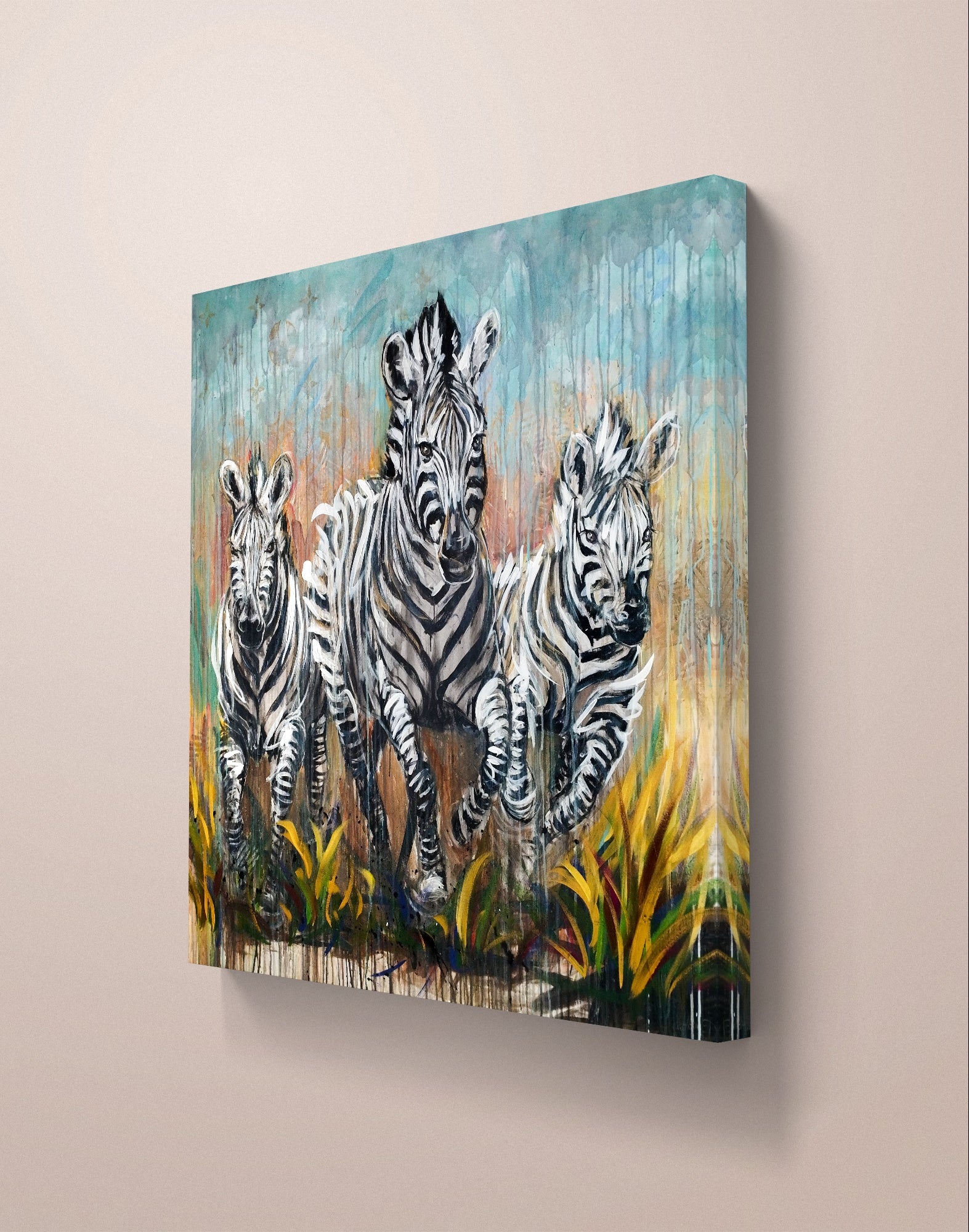 Heinz Acrylbild Acrylgemälde auf Leinwand - „Drei Zebras – drei Seelen in Bewegung“ 120 x 120 cm