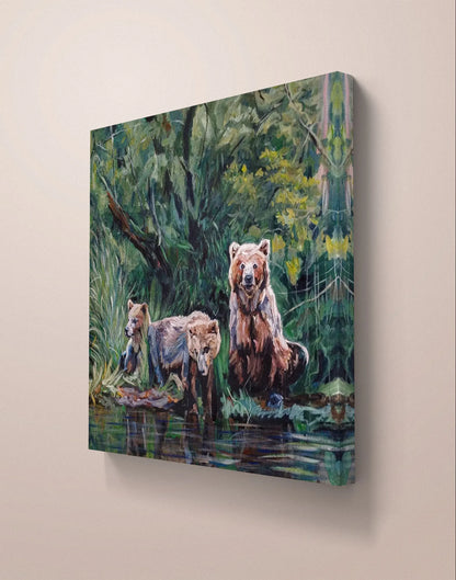 Painting Three Bears in the Forest – hand-painted original acrylic painting (100 x 100 cm)