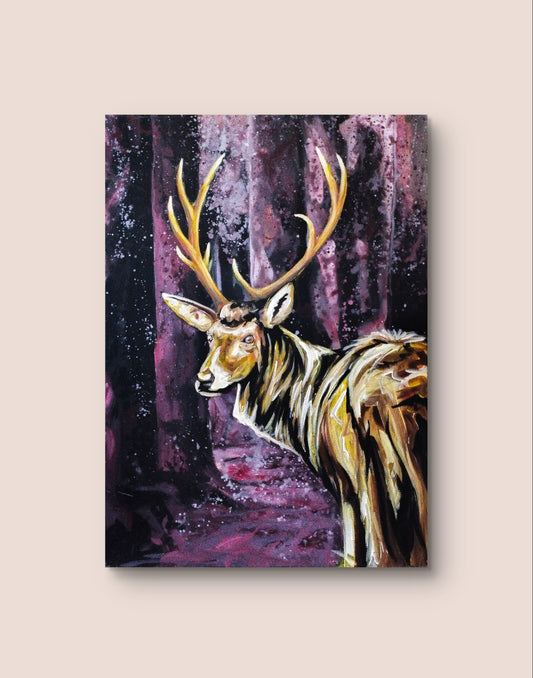 Heinz Acrylbild Gemälde „Goldenes Reh im Dämmerwald“ 50 x 70 cm