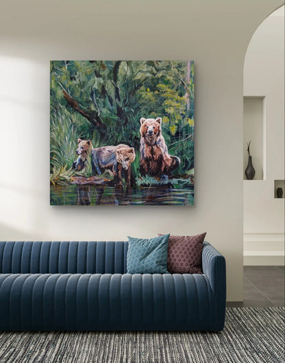 Painting Three Bears in the Forest – hand-painted original acrylic painting (100 x 100 cm)