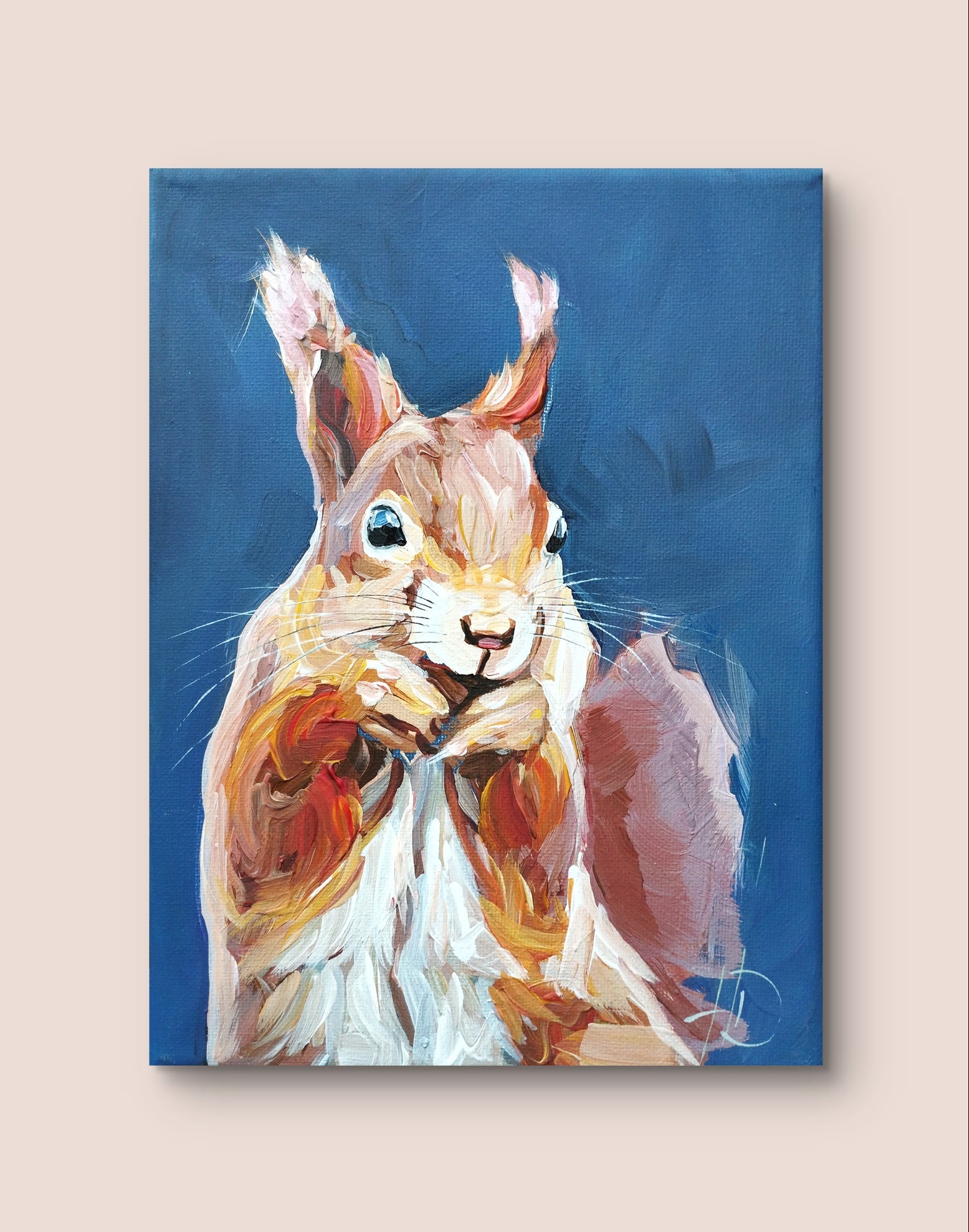 Heinz Acrylbild Acrylgemälde auf Leinwand - "Eichhörnchen im Blauen" 18 x 24 cm