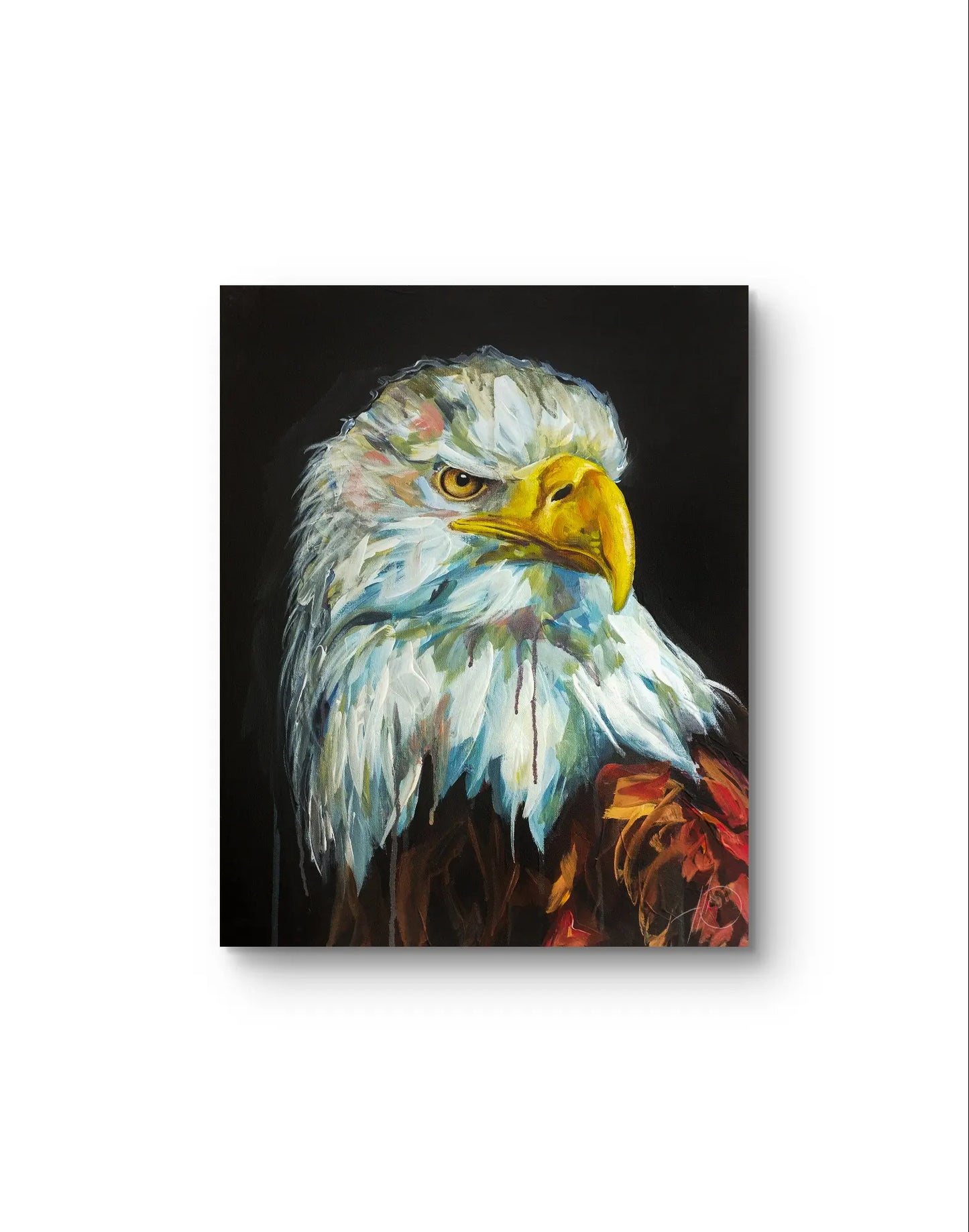 Handgemaltes Acrylgemälde Weißkopfseeadler, expressive Malweise mit pastosem Farbauftrag auf schwarzem Hintergrund.