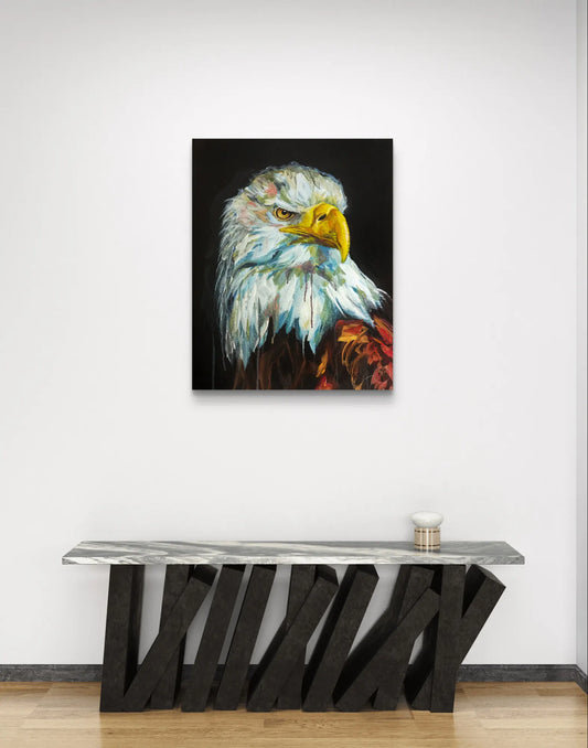 Expressives Acrylgemälde Weißkopfseeadler über einer skulpturalen Konsole mit Marmorplatte.