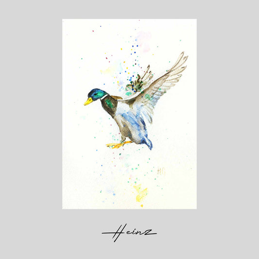 Aquarell handgemalte Grußkarte fliegende Ente