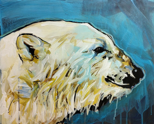 Detailansicht: Acrylgemälde Eisbär, expressive, pastose Pinselstriche in Gelb und Weiß heben das Fell hervor.