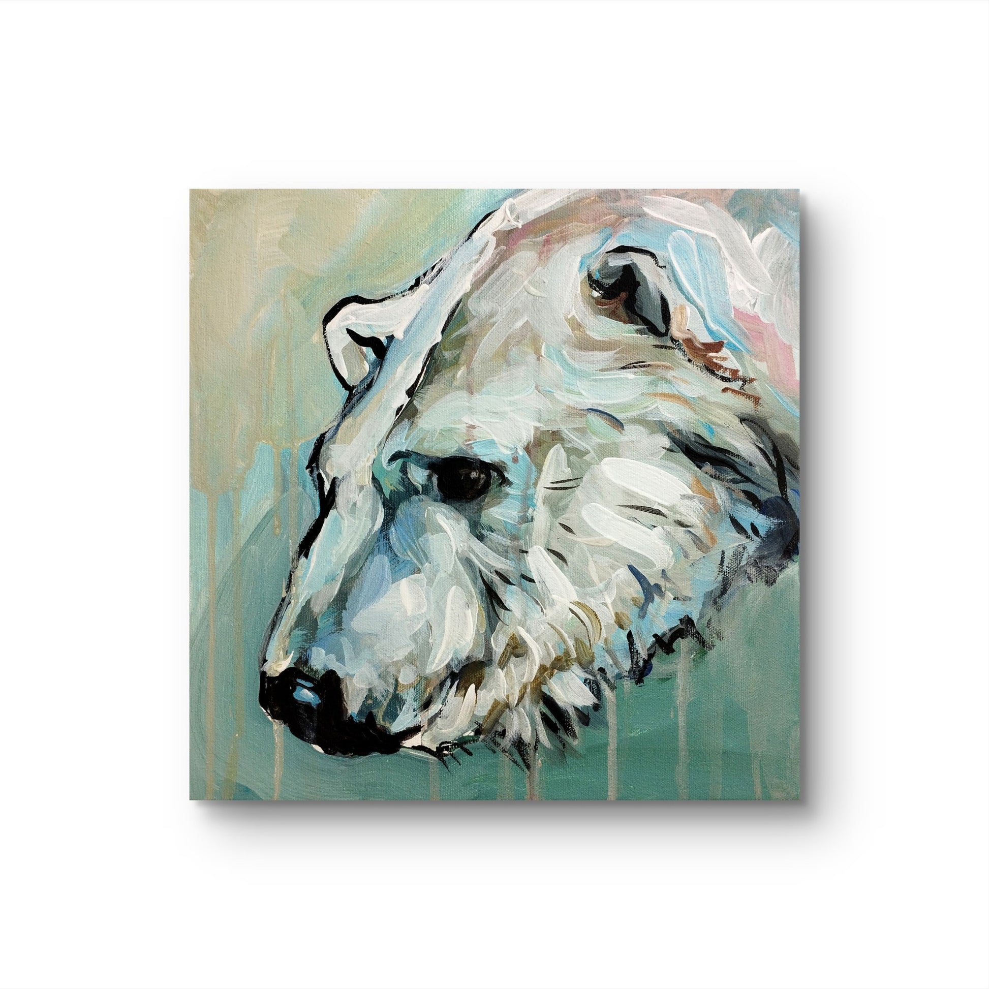 Acrylgemälde Eisbär, abstrakt-expressive Malweise in Weiß und Blau vor türkisgrünem Farbhintergrund.