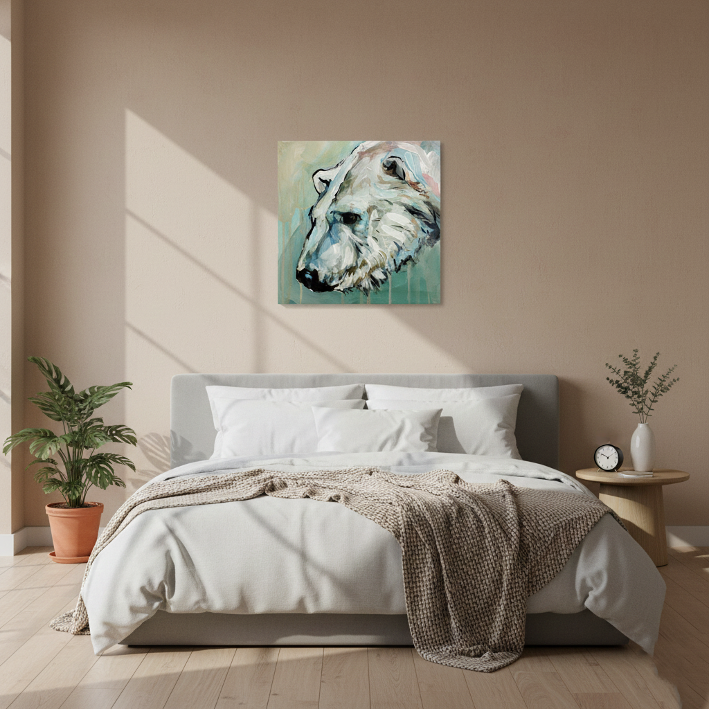 Acrylgemälde Eisbär hängt über einem grauen Bett im Schlafzimmer mit beiger Wand und Holzboden.