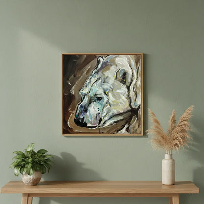 Gerahmtes Acrylgemälde Eisbär über hellem Holz-Sideboard vor mintgrüner Wand.