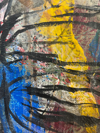 Detail: Expressive Pinselstriche in Schwarz, leuchtendem Gelb und Blau mit sichtbarer Leinwandstruktur.