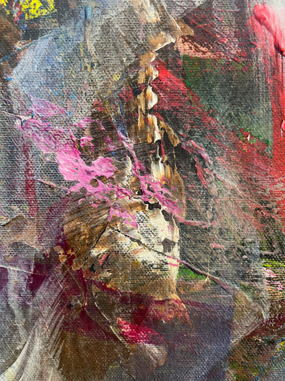 Detailansicht: Dicker Farbauftrag mit auffälligen, pastosen Akzenten in leuchtendem Pink und Braun.