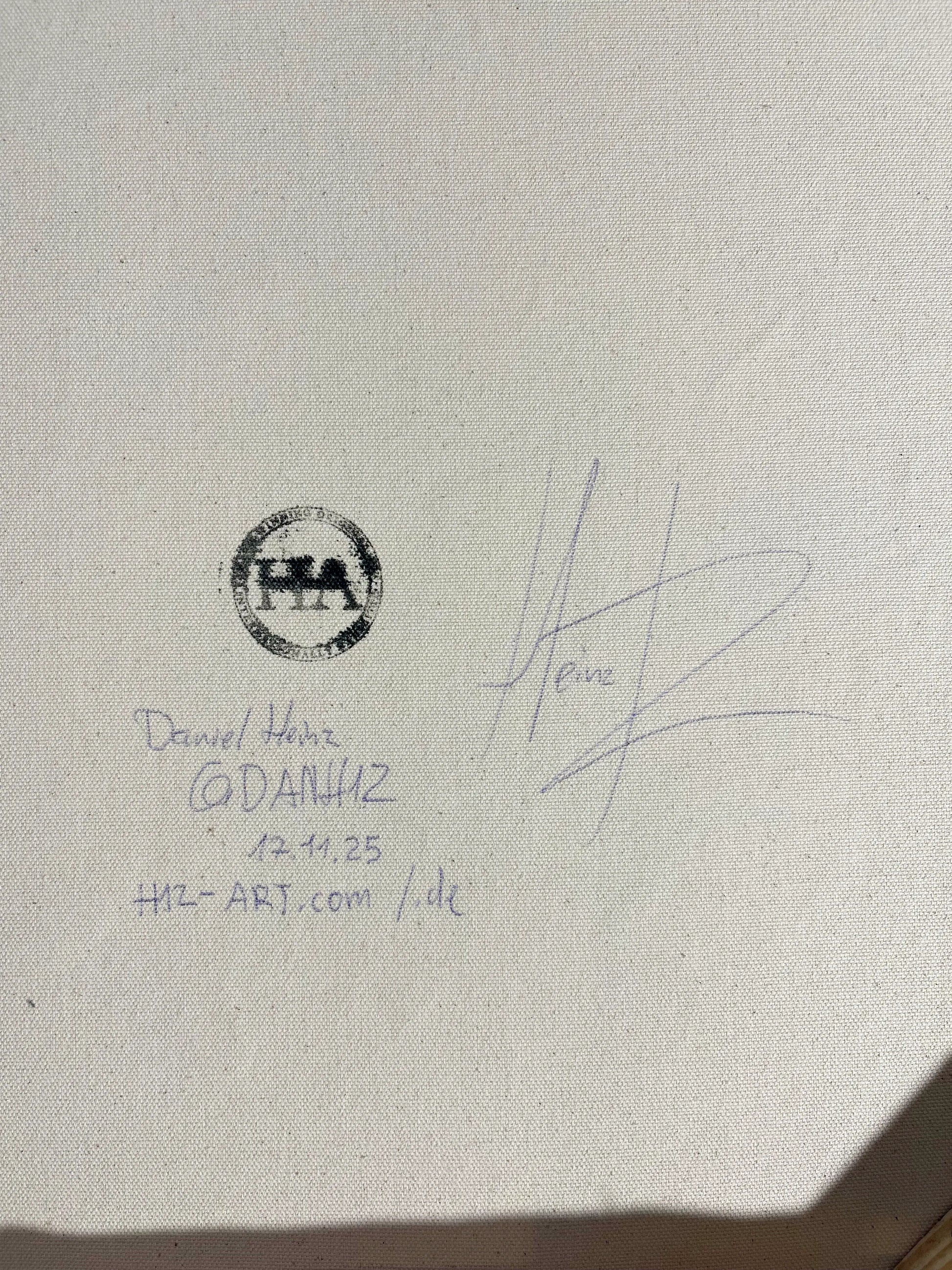 Detail: Rückseite der Leinwand mit handschriftlicher Signatur, Datum und Künstlerstempel (HA von h1z art).