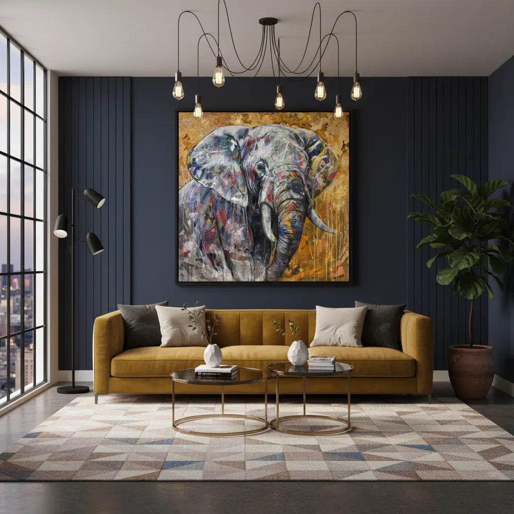 Acrylgemälde Elefant über senfgelber Couch in einem modernen Wohnzimmer mit blauer, getäfelter Wand.
