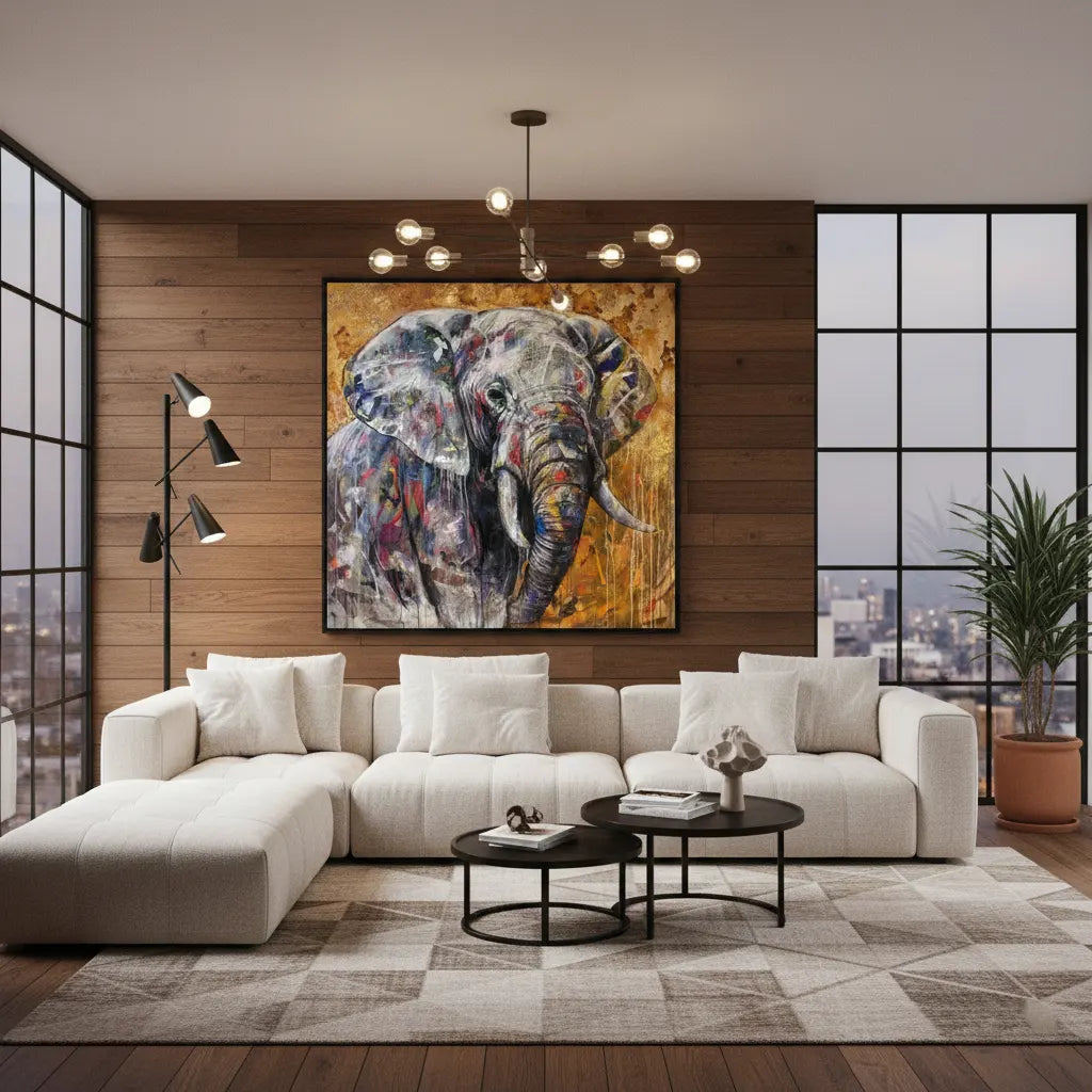 Acrylgemälde Elefant über beiger Wohnlandschaft im modernen Wohnzimmer mit rustikaler Holzwand.