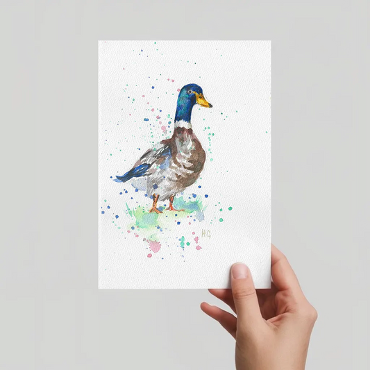 Aquarell Postkarte Stockente Erpel mit blau-grünem Kopf, handgemalt, expressive Malweise.