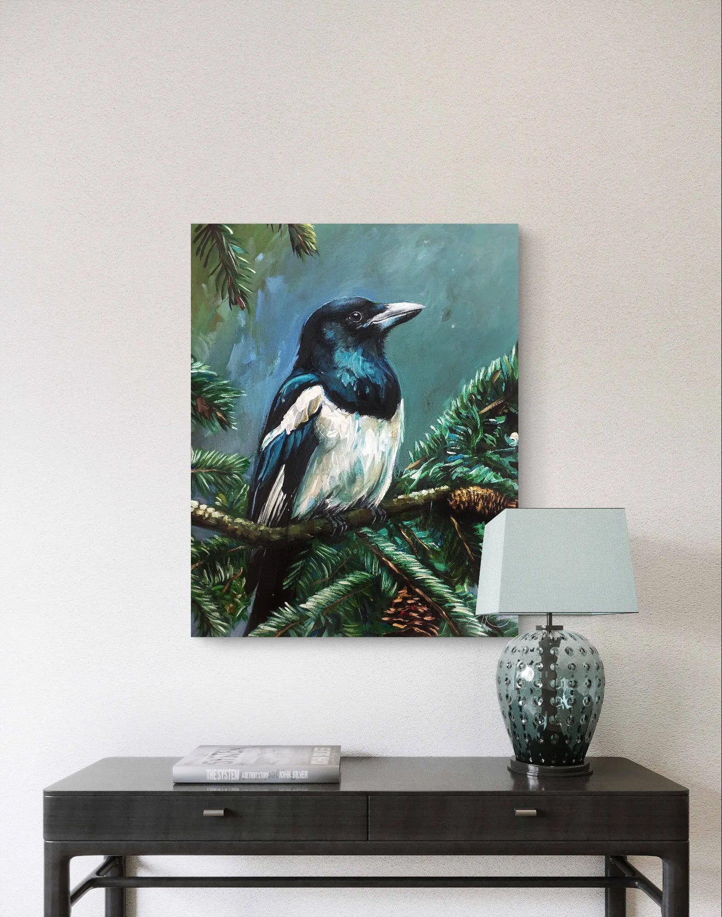 Magpie painting – hand-painted original acrylic painting (40 x 50 cm)