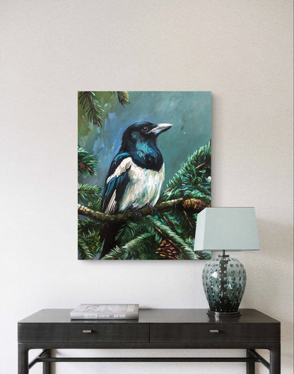 Magpie painting – hand-painted original acrylic painting (40 x 50 cm)
