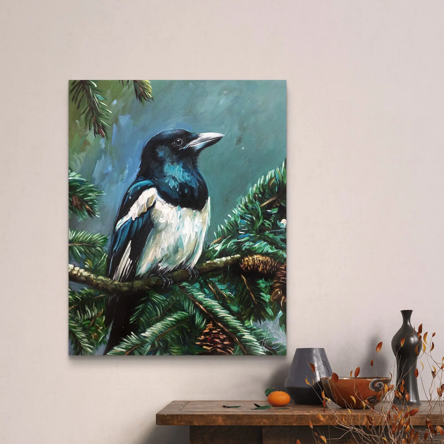 Magpie painting – hand-painted original acrylic painting (40 x 50 cm)