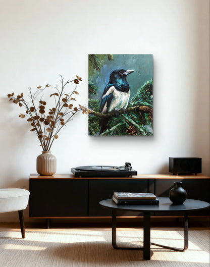 Magpie painting – hand-painted original acrylic painting (40 x 50 cm)