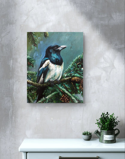 Magpie painting – hand-painted original acrylic painting (40 x 50 cm)