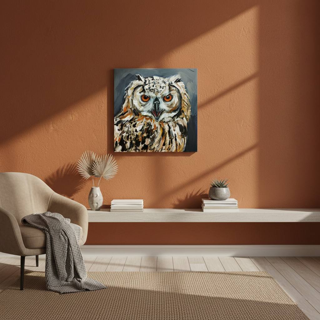 Acrylbild Eule Porträt über minimalistischem Wandregal vor terrakottafarbener Wand.