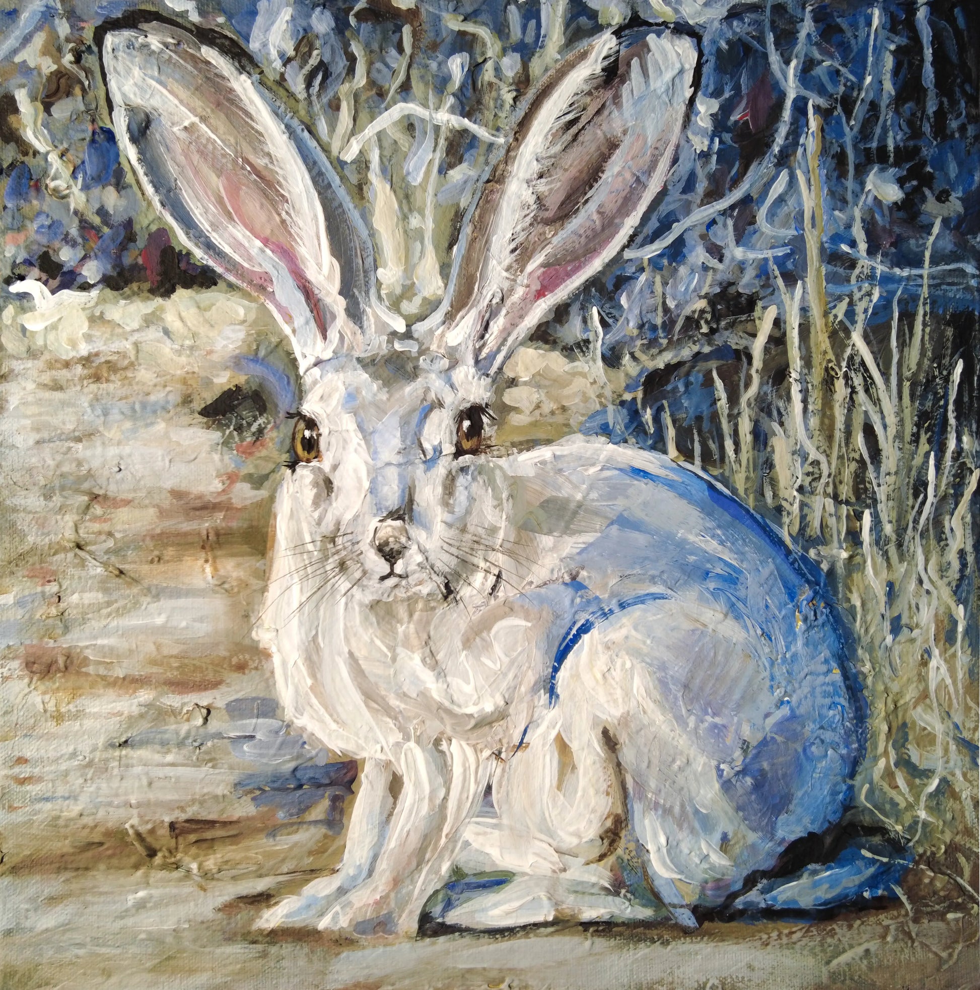 Weißer Feldhase Acrylbild auf Leinwand, minimalistisches Tierporträt für Schlafzimmer oder ruhige Ecke