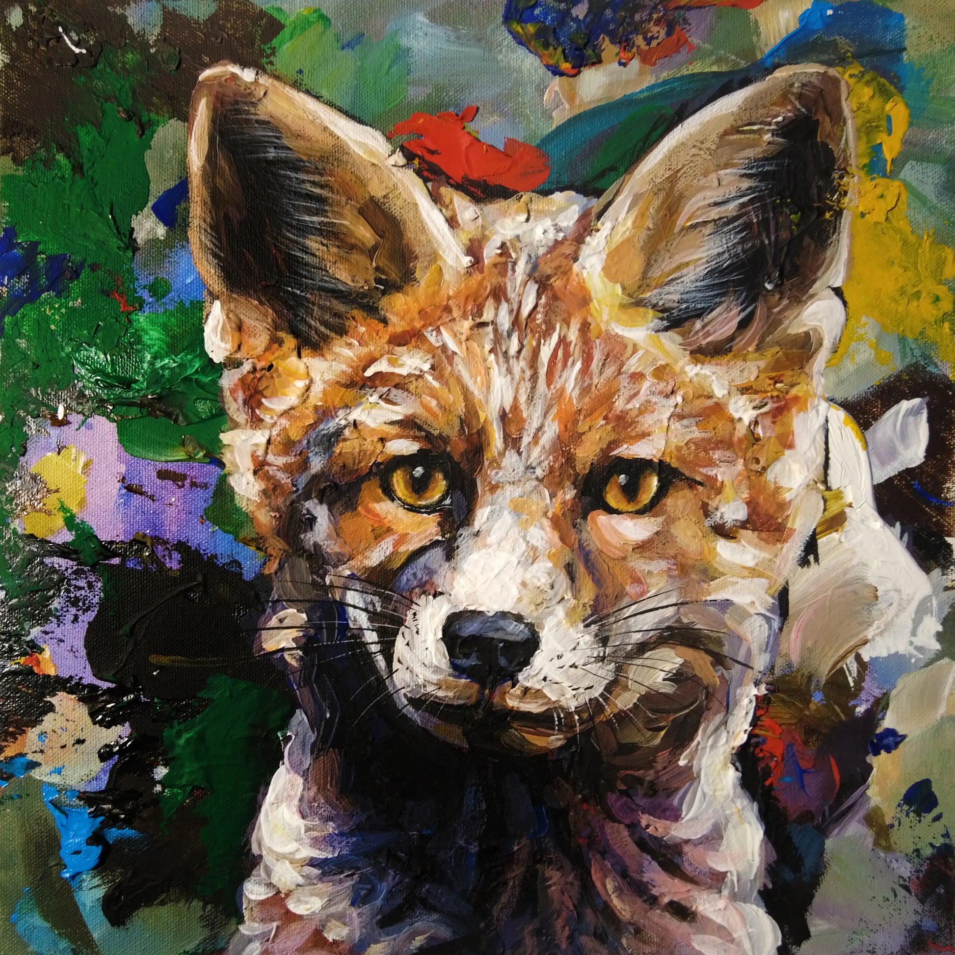 Fuchs Acrylbild auf Leinwand, präzises Gesicht und expressiver Hintergrund, Wanddeko für Wohnzimmer