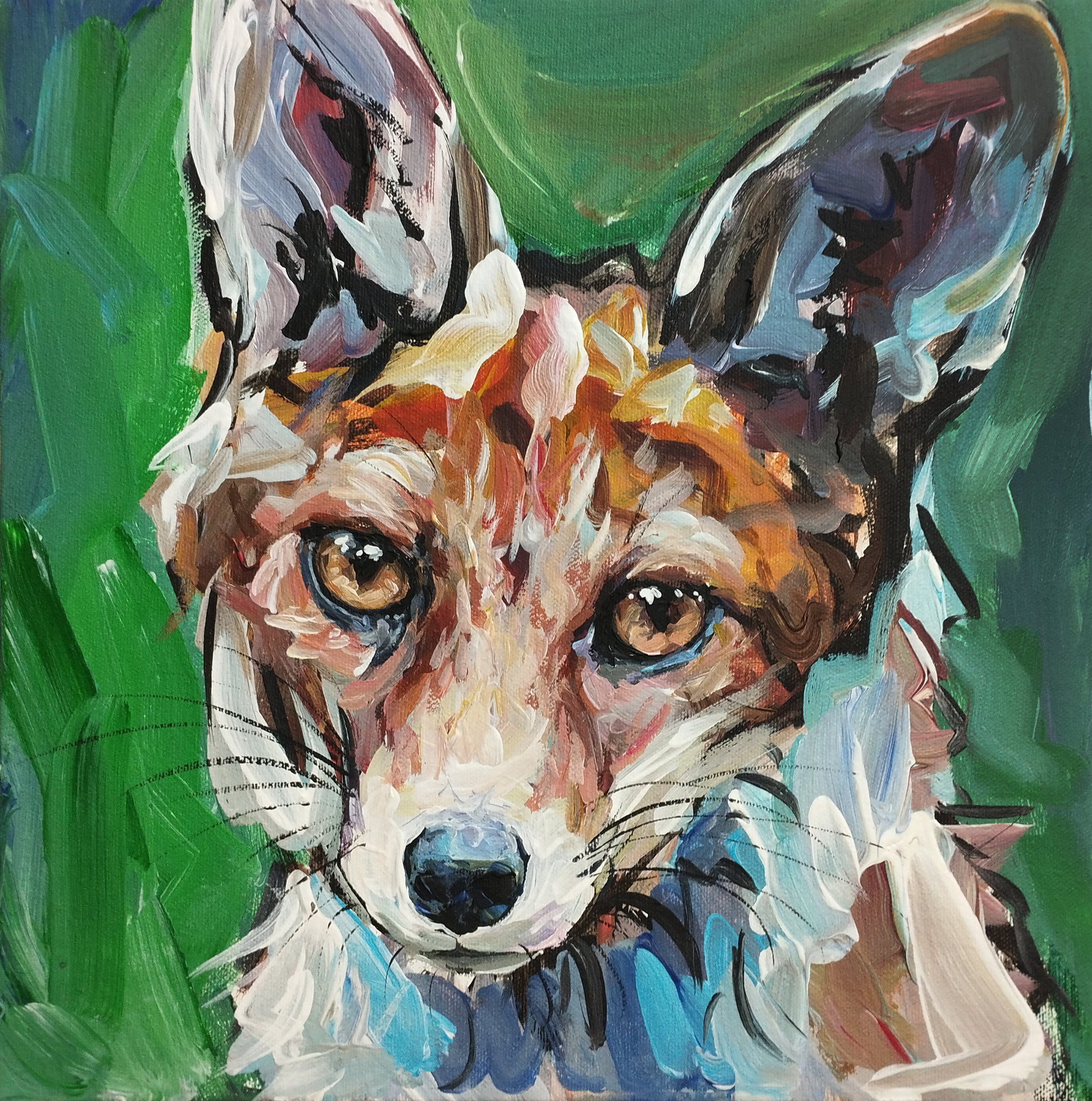 Detailaufnahme: Fuchs-Gemälde in Acryl, pastose Pinselstriche betonen Augen und Nase auf grünem Grund.