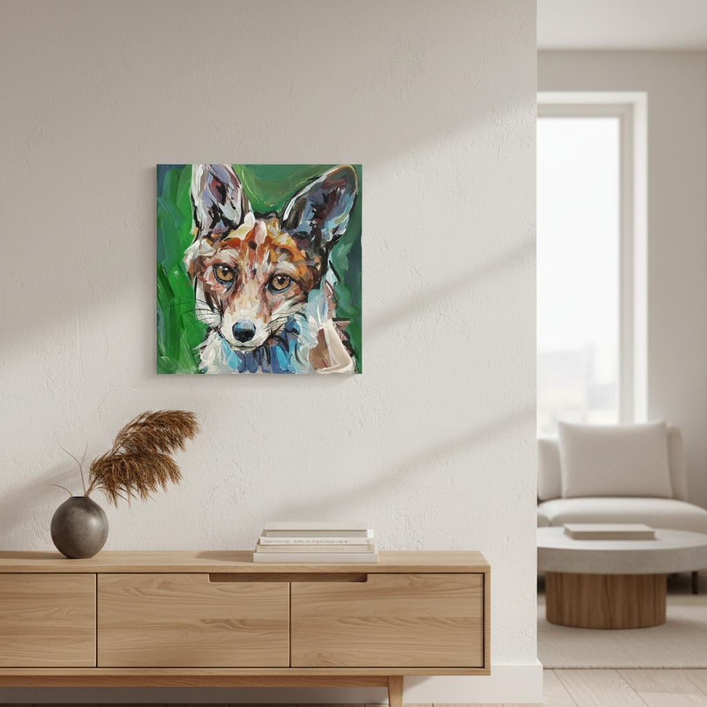 Acrylbild Fuchs Porträt über niedrigem Holz-Sideboard im minimalistischen, hellen Eingangsbereich.