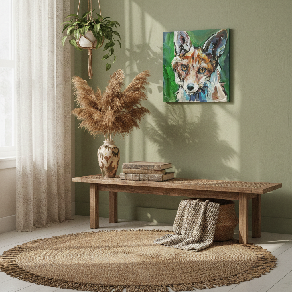Fuchs-Gemälde in Acryl über rustikaler Holzbank vor salbeigrüner Wand im Boho-Stil.