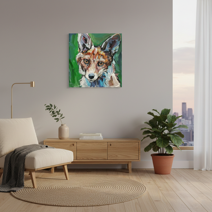 Fuchs-Gemälde in Acryl über hellem Sideboard im nordischen Stil mit Sessel und Ficus im hellen Raum.