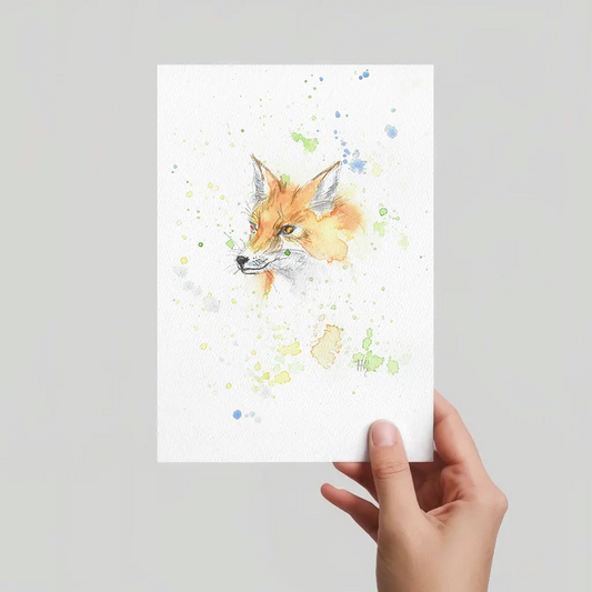Aquarell Postkarte Fuchs Porträt, handgemalt, expressive Malweise mit gelb-grünen und blauen Farbspritzern.
