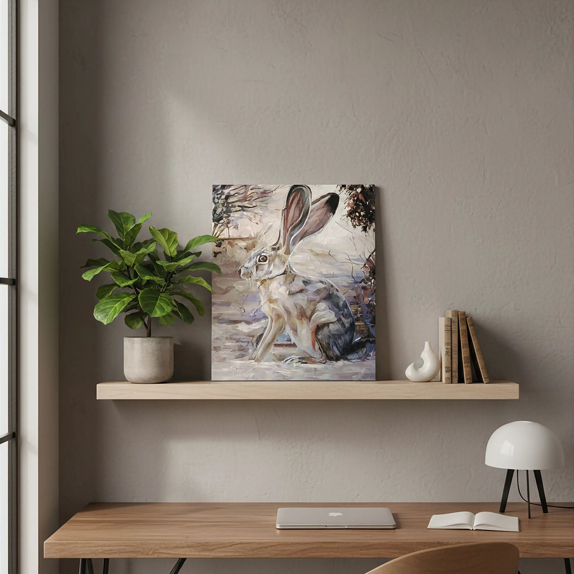 Einzelner Hase, sanfte Töne, Acrylbild auf Leinwand, dekoratives Tierporträt für Wohnzimmer