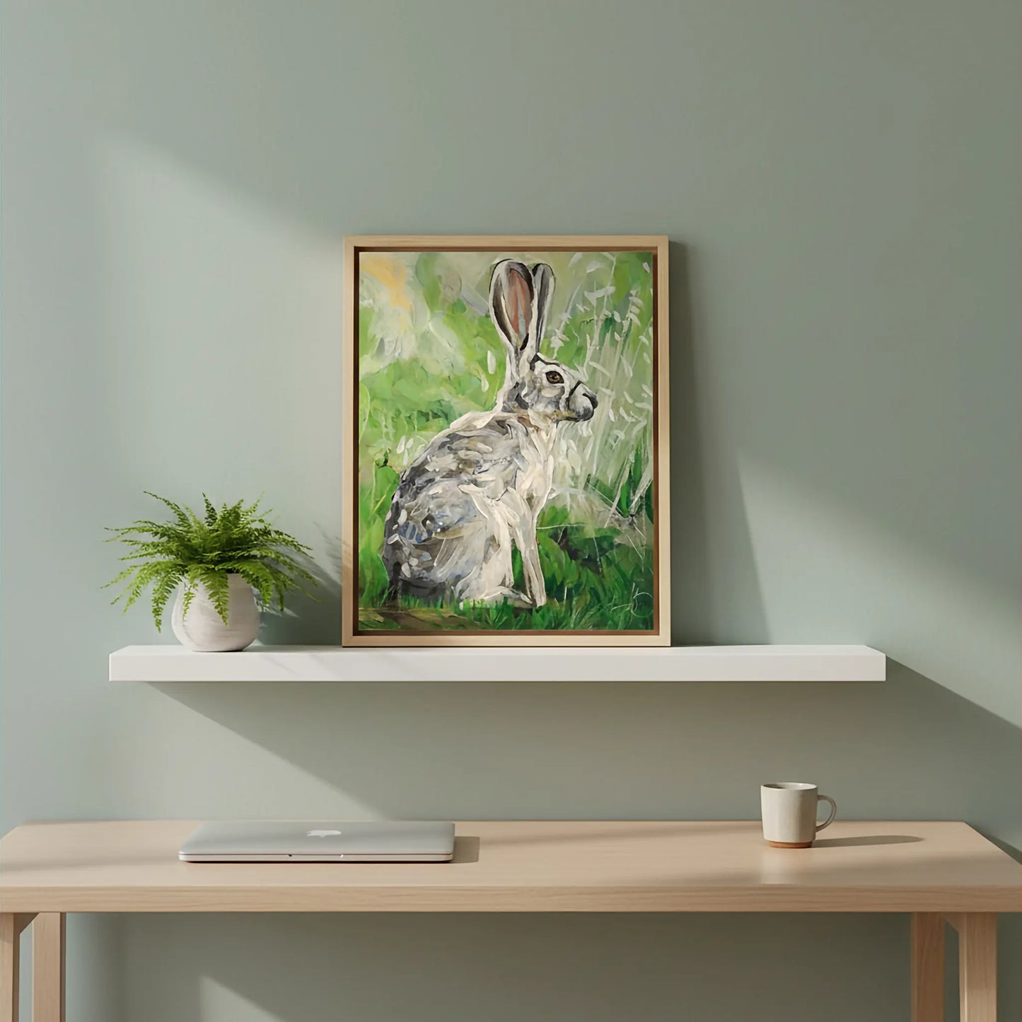 Handgemaltes Hase Gemälde auf Leinwand, überlagerte Farbschichten, Acrylbild für Regal oder Kommode