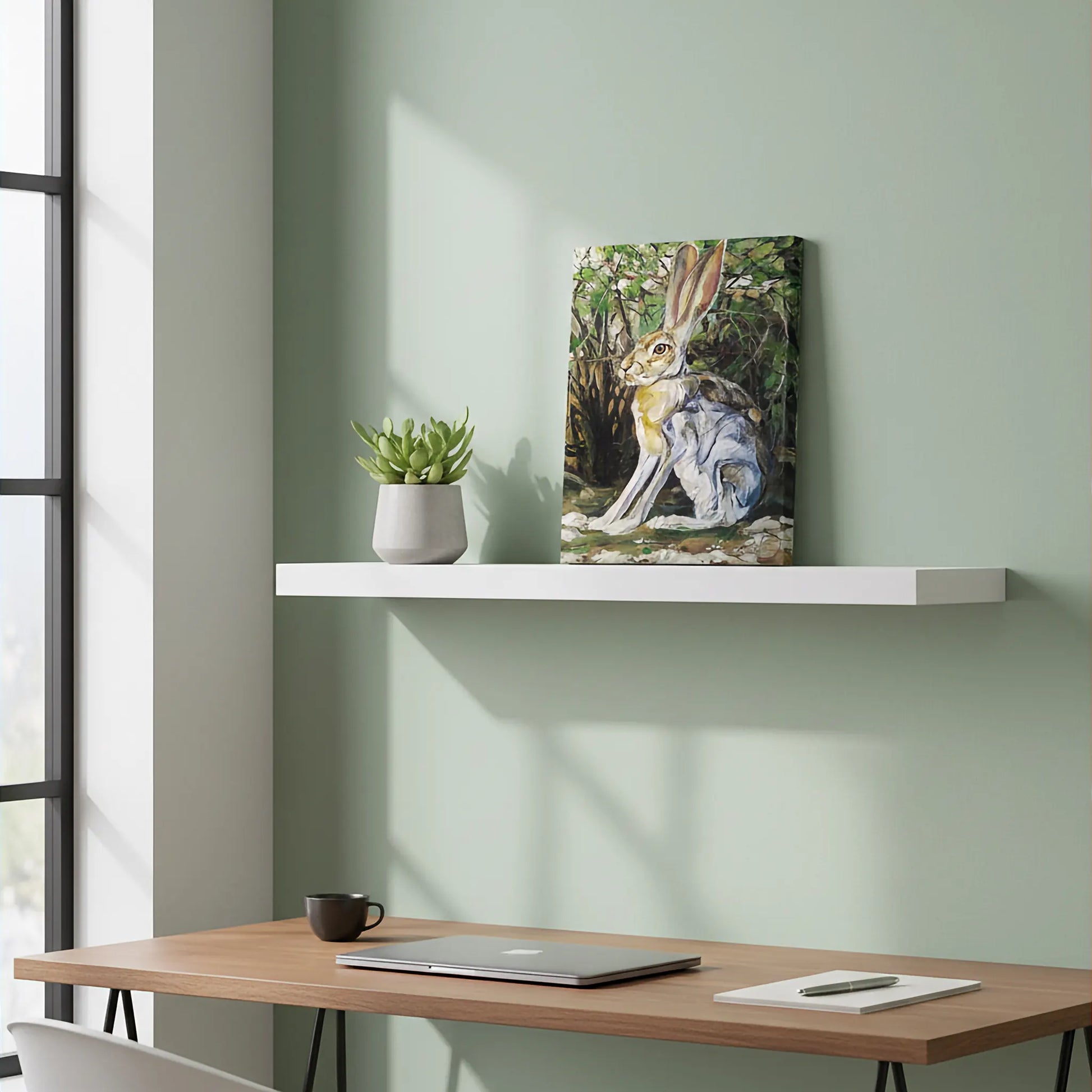 Handgemaltes Hase Gemälde auf Leinwand, minimalistisches Tierporträt für Regal oder Kommode