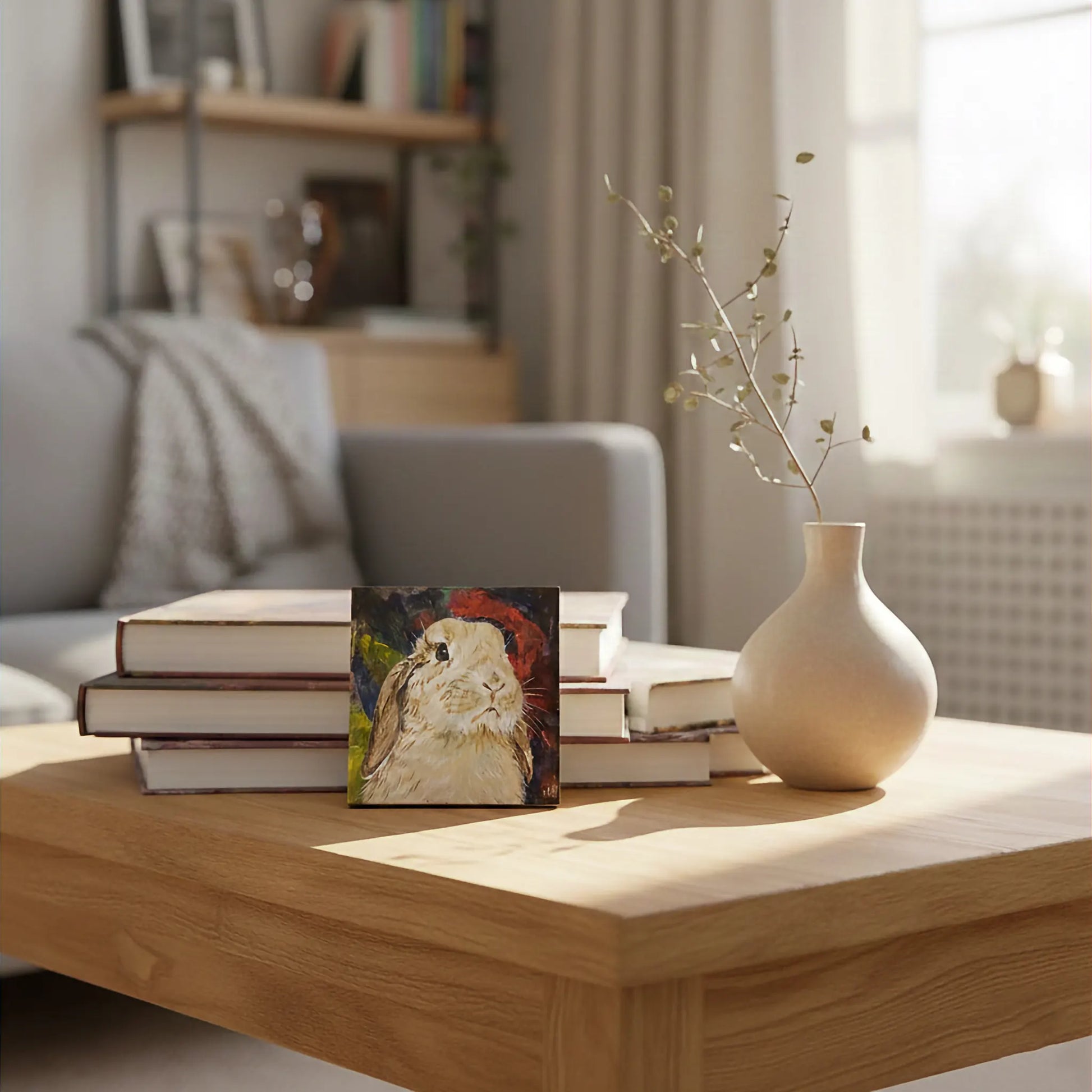 Handgemaltes Kaninchen Gemälde auf Leinwand, rundes Tierportrait, Dekoration für Kinderzimmer