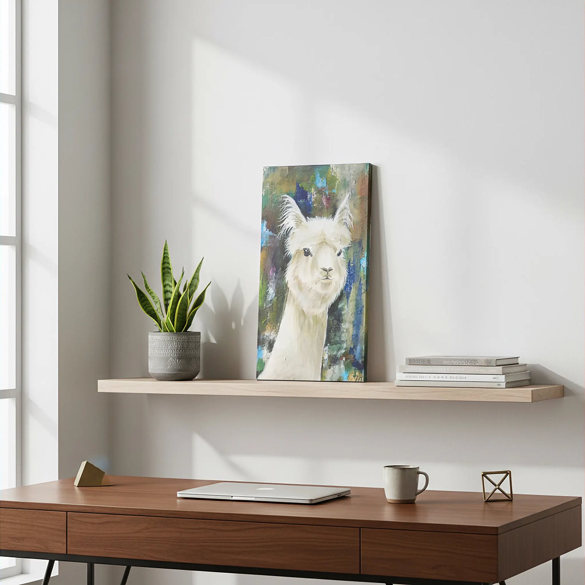 Handgemaltes Lama Gemälde auf Leinwand, humorvolles Tierportrait, Acrylbild für Kommode oder Regal