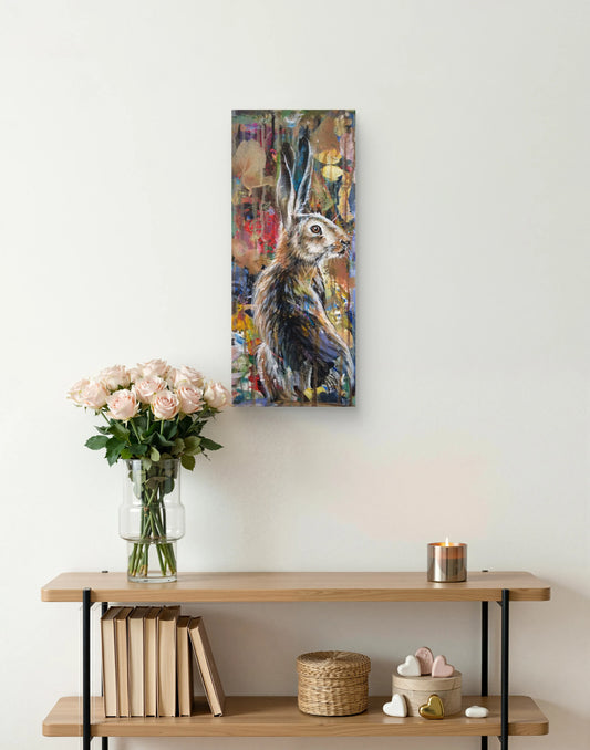 Skizzenhafter Hase, offene Linien, Acrylbild auf Leinwand, modernes Tierportrait für Wohnzimmer