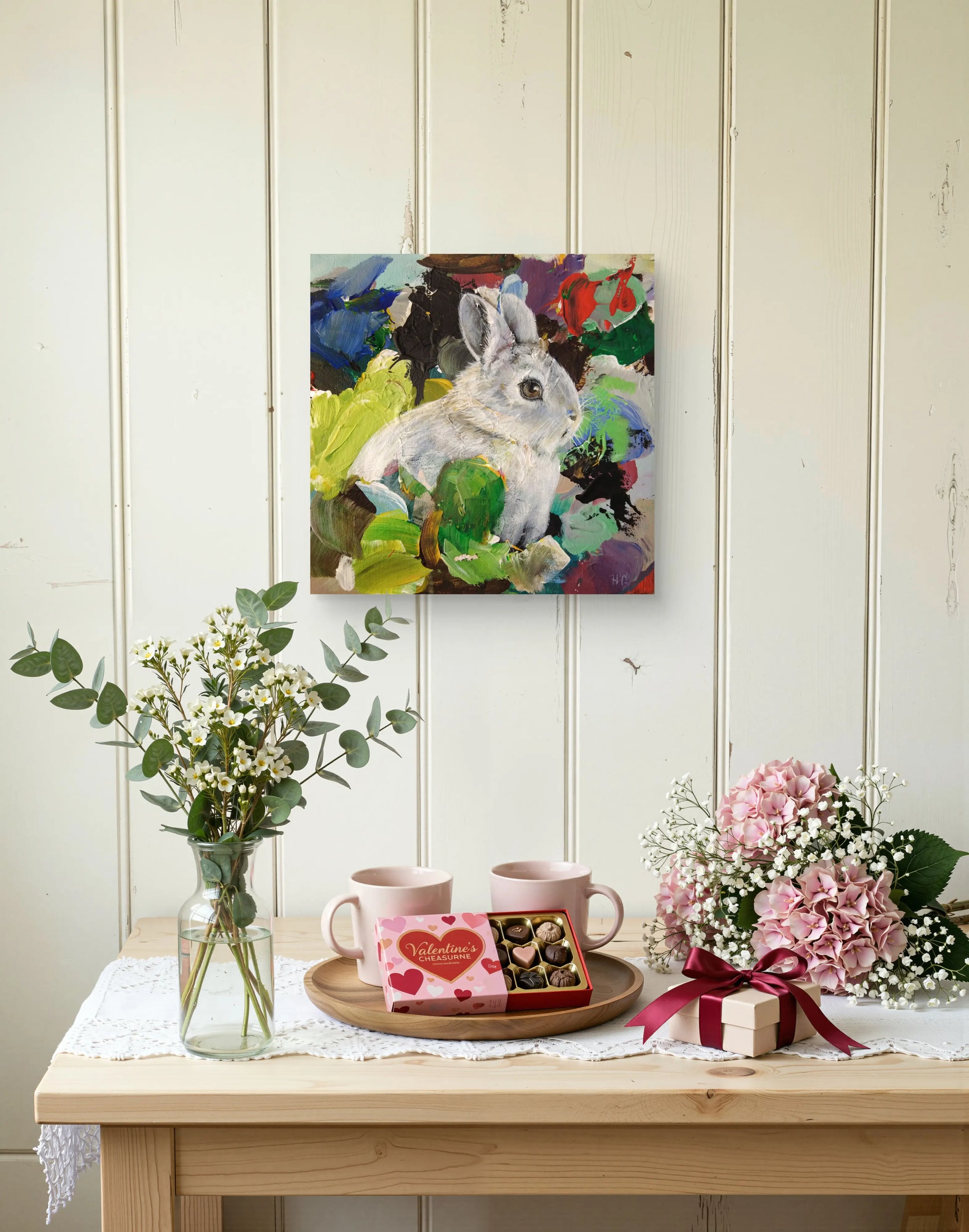 Handgemaltes Hase Gemälde auf Leinwand, kleines Format für Kommode oder Kinderzimmer