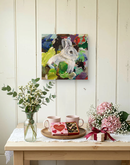 Handgemaltes Hase Gemälde auf Leinwand, kleines Format für Kommode oder Kinderzimmer